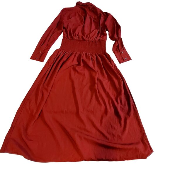 Future Collective Womens Red Long Sleeve Button-Up Smocked Waist Midi Dress M - Picture 2 of 10